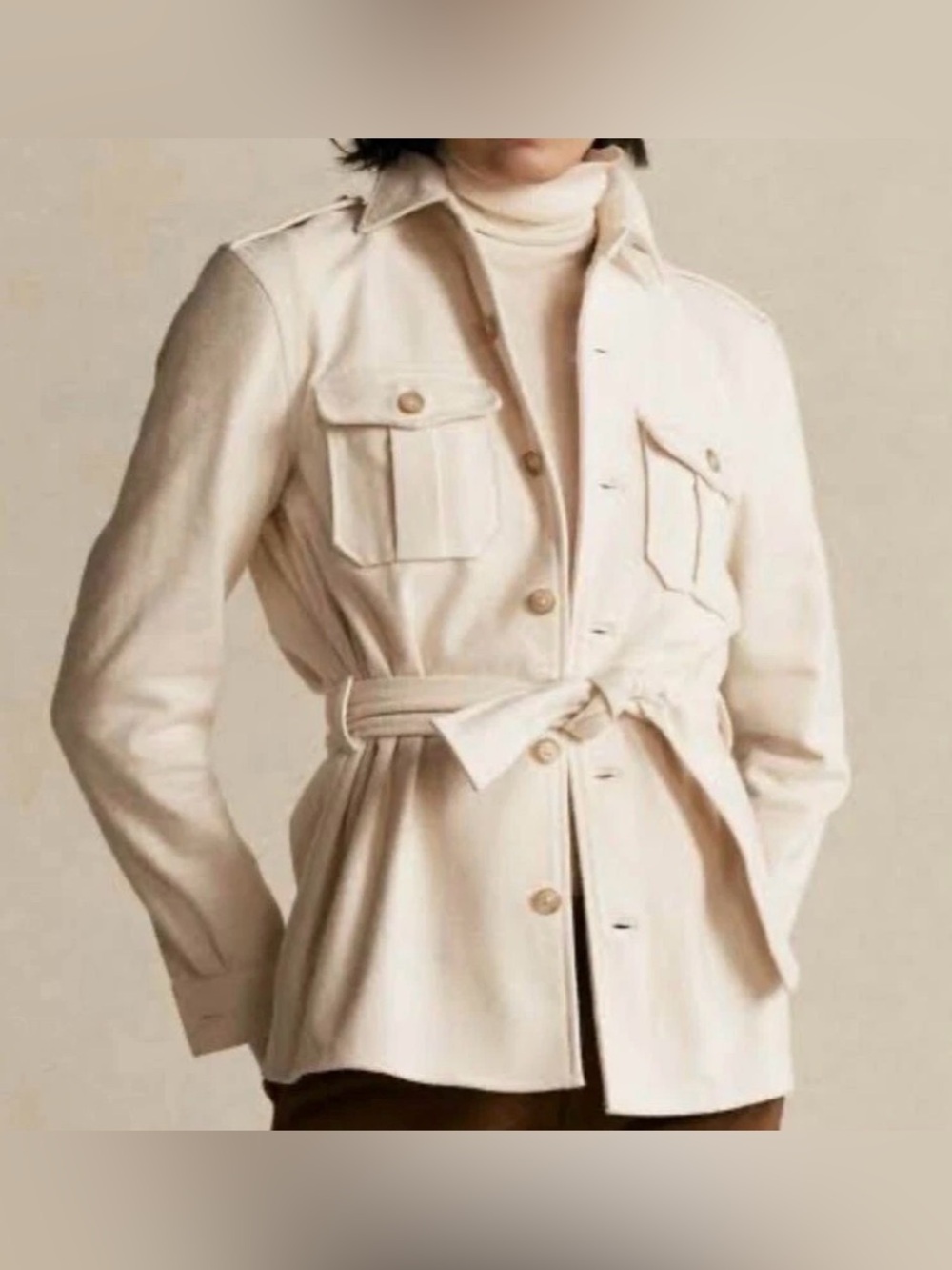 Polo Ralph Lauren Women’s Belted Cotton Safari Jacket Size 6 Ivory Off-White